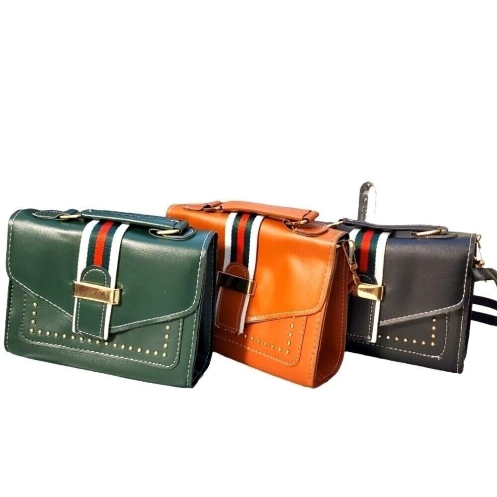 Satchel Crossbody Bag Striped Accent Studded Flap Small Purse